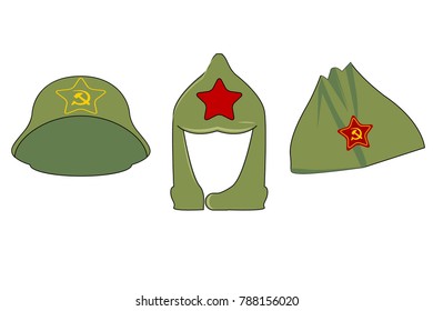 headgear in the era of the Soviet Union. 3 caps with the symbols of the USSR. Green hats of the Red Army with stars, a sickle and a hammer