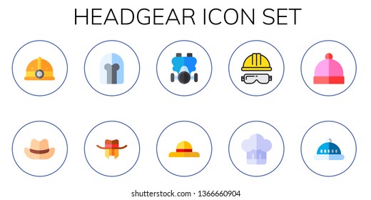 headgear icon set. 10 flat headgear icons.  Simple modern icons about  - helmet, hat, gas mask, Helmet