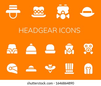 headgear icon set. 14 filled headgear icons. Included Hat, Top hat, Gas mask, Helmet icons
