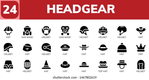 headgear icon set. 24 filled headgear icons.  Collection Of - Hat, Gas mask, Helmet, Top hat