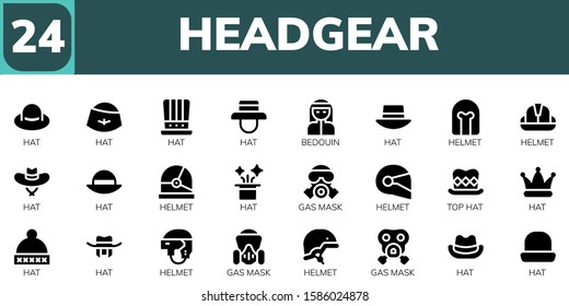 headgear icon set. 24 filled headgear icons.  Simple modern icons about  - Hat, Bedouin, Helmet, Gas mask, Top hat