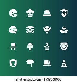 headgear icon set. Collection of 16 filled headgear icons included Hat, Helmet, Headgear, Gas mask
