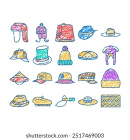 headgear stylish head clothes doodle icons set vector. sketch line art children winter warm hat and panama summer seasonal clothing baseball cap and french beret, cylinder headgear color illustrations