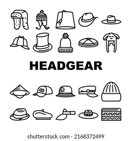 Headgear Stylish Head Clothes Icons Set Vector. Children Winter Warm Hat And Panama Summer Seasonal Clothing, Baseball Cap And French Beret, Cylinder And Dawley Limao Headgear Color Illustrations