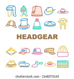 Headgear Stylish Head Clothes Icons Set Vector. Children Winter Warm Hat And Panama Summer Seasonal Clothing, Baseball Cap And French Beret, Cylinder And Dawley Limao Headgear Color Illustrations