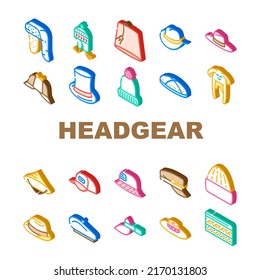 Headgear Stylish Head Clothes Icons Set Vector. Children Winter Warm Hat And Panama Summer Seasonal Clothing, Baseball Cap And French Beret, Cylinder And Dawley Limao Headgear Color Illustrations