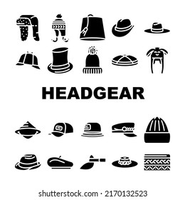 Headgear Stylish Head Clothes Icons Set Vector. Children Winter Warm Hat And Panama Summer Seasonal Clothing, Baseball Cap And French Beret, Cylinder And Dawley Limao Headgear Color Illustrations