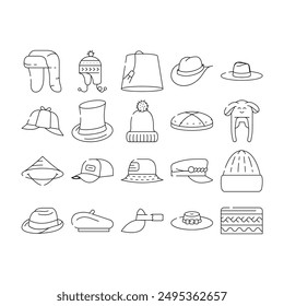 Headgear Stylish Head Clothes Icons Set Vector. Children Winter Warm Hat And Panama Summer Seasonal Clothing, Baseball Cap And French Beret, Cylinder And Dawley Limao Headgear Color Illustrations