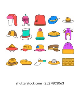 Headgear Stylish Head Clothes Icons Set Vector. Children Winter Warm Hat And Panama Summer Seasonal Clothing, Baseball Cap And French Beret, Cylinder And Dawley Limao Headgear Color Illustrations