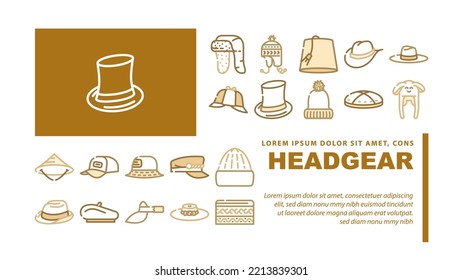 Headgear Stylish Head Clothes landing web page header vector. Children Winter Warm Hat And Panama Summer Seasonal Clothing Baseball Cap French Beret, Cylinder Dawley Limao Headgear Color Illustrations