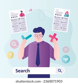 Headhunter choosing new worker. HR agent evaluate candidates for vacancy. Male character holds check and cross mark for select. Company staff expansion, recruitment, HR department. vector illustration