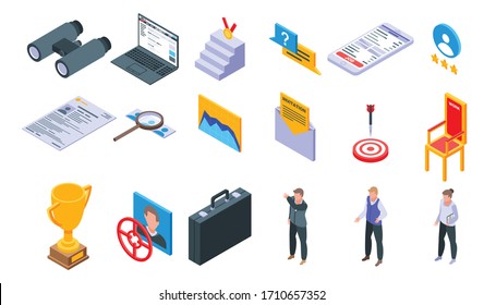 Iconos del cazador de encabezados definidos. Conjunto isométrico de iconos vectoriales del cazador de cabezas para el diseño web aislado en fondo blanco