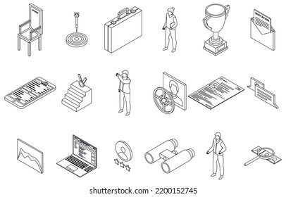Juego de iconos de cazador de cabeceras. Conjunto isométrico de iconos vectoriales del cazador de cabezas esquemáticas línea delgada aislada en blanco