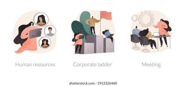 Headhunter service abstract concept vector illustration set. Human resources, corporate ladder, meeting room, job listing website, employment hierarchy, career ladder, contract abstract metaphor.