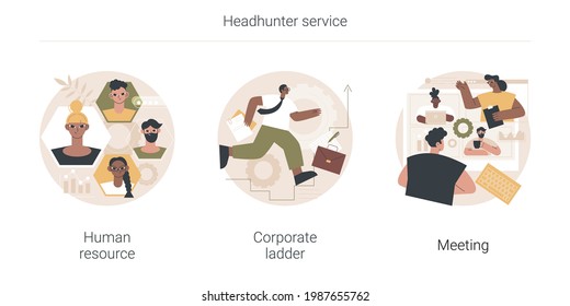 Conjunto de ilustraciones vectoriales de concepto abstracto del servicio de cazador de encabezados. Recursos humanos, escala empresarial, sala de reuniones, sitio web de listas de empleos, jerarquía laboral, escala profesional, metáfora abstracta de contratos.