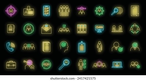 Headhunter staff icons set. Outline set of headhunter staff vector icons neon color on black