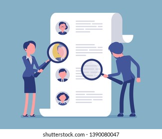 Headhunters searching for employee. Male and female workers of recruiting service with magnifying glass looking for best candidate cv, recruitment agency. Vector illustration, faceless characters