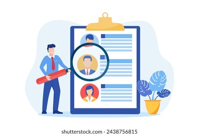 Headhunters searching for employee. man worker of recruiting service with magnifying glass looking for best candidate cv, recruitment agency. Vector illustration in flat style