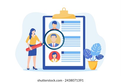 Headhunters searching for employee. woman worker of recruiting service with magnifying glass looking for best candidate cv, recruitment agency. Vector illustration in flat style