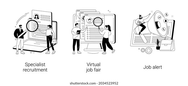 Headhunting abstract concept vector illustration set. Specialist recruitment, virtual job fair, job alert, human resources, digital hr, job offer, work opportunity information abstract metaphor. svg