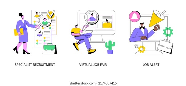 Abstraktes Konzept der Headjagd, Vektorgrafik-Set. Fachleute Rekrutierung, virtuelle Jobmesse, Jobwarnung, Personalwesen, digitale Mitarbeiter, Jobangebot, abstrakte Metapher zu Arbeitsmöglichkeiten.