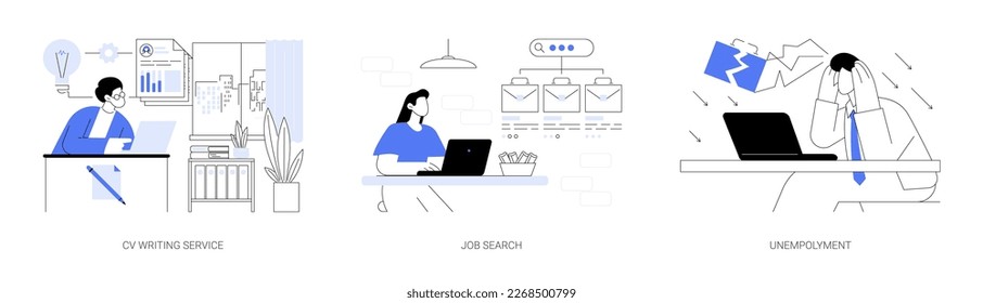 Headhunting agency abstract concept vector illustration set. CV writing service, job search, unemployment and finding a job, HR management, human resources and recruiting idea abstract metaphor.