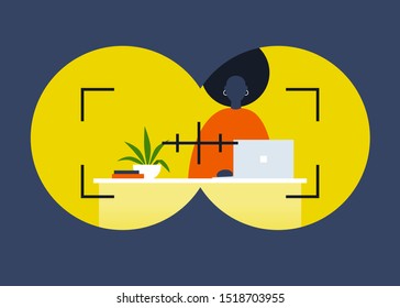 Headhunting. Binoculars view. Employment. Internet stalking. Young black female character working on a computer. Flat editable vector illustration, clip art
