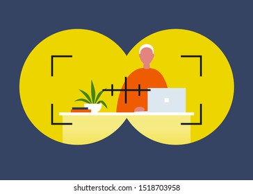 Headhunting. Binoculars view. Employment. Internet stalking. Young male character working on a computer. Flat editable vector illustration, clip art