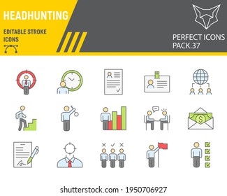 Headhunting color line icon set, head hunting collection, vector graphics, logo illustrations, recruitment vector icons, people signs, filled outline pictograms, editable stroke
