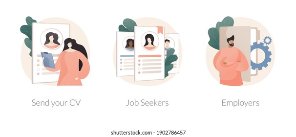 Headhunting company abstract concept vector illustration set. Send your CV, job seekers and employers, HR service, apply now, employee profile, career building, find vacancy abstract metaphor.