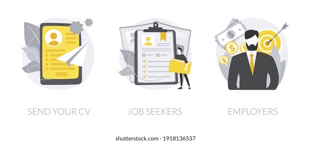 Headhunting company abstract concept vector illustration set. Send your CV, job seekers and employers, HR service, apply now, employee profile, career building, find vacancy abstract metaphor.