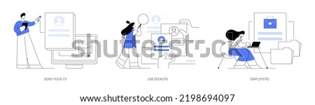 Headhunting company abstract concept vector illustration set. Send your CV, job seekers and employers, HR service, apply now, employee profile, career building, find vacancy abstract metaphor.