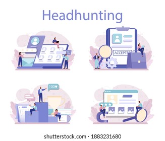 Headhunting concept set. Idea of business recruitment and human resources management. HR manager occupation. Flat vector illustration