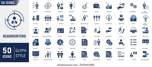Headhunting flat icon set. Containing as job Interview, Career Path, Resume, Job hiring, Candidate and Human resource and more. Vector illustration