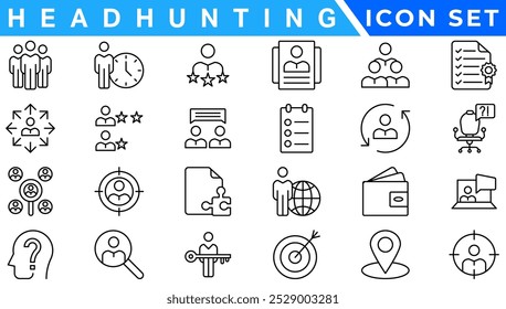 Headhunt e Human Resources mínimo fino editável ícone de traçado conjunto. Incluídos os ícones de linha como Recrutamento, Metas de carreira, Currículo ou CV e mais.