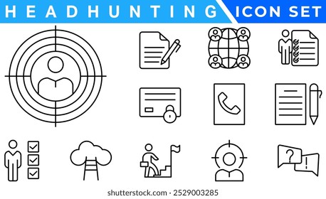 Headhunt e Human Resources mínimo fino editável ícone de traçado conjunto. Incluídos os ícones de linha como Recrutamento, Metas de carreira, Currículo ou CV e mais.