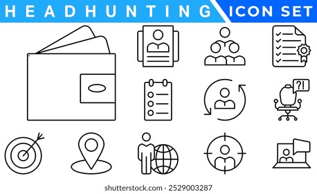 Headhunt e Human Resources mínimo fino editável ícone de traçado conjunto. Incluídos os ícones de linha como Recrutamento, Metas de carreira, Currículo ou CV e mais.