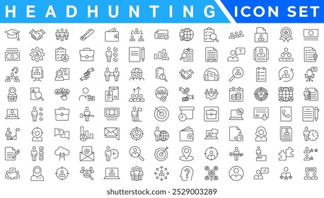 Headhunting Y Recursos Humanos mínimo delgado editable stroke icono conjunto. Incluidos los iconos de línea como Reclutamiento, Objetivos de Carrera, Currículum o CV, y más.