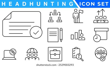 Headhunt e Human Resources mínimo fino editável ícone de traçado conjunto. Incluídos os ícones de linha como Recrutamento, Metas de carreira, Currículo ou CV e mais.