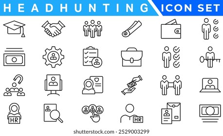 Headhunt e Human Resources mínimo fino editável ícone de traçado conjunto. Incluídos os ícones de linha como Recrutamento, Metas de carreira, Currículo ou CV e mais.