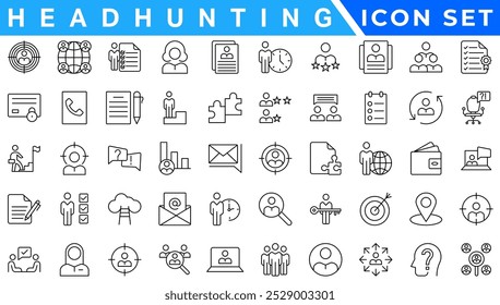 Headhunting And Human Resources minimal thin editable stroke icon set. Included the line icons as Recruitment, Career Goals, Resume or CV, and more.