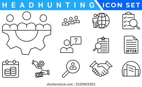 Headhunt e Human Resources mínimo fino editável ícone de traçado conjunto. Incluídos os ícones de linha como Recrutamento, Metas de carreira, Currículo ou CV e mais.