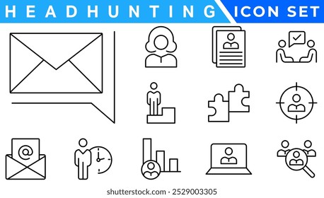 Headhunt e Human Resources mínimo fino editável ícone de traçado conjunto. Incluídos os ícones de linha como Recrutamento, Metas de carreira, Currículo ou CV e mais.