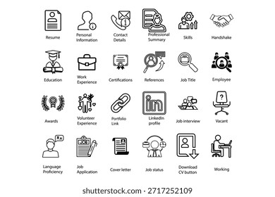Headhunt e Human Resources mínimo fino editável ícone de traçado conjunto. Incluídos os ícones de linha como Recrutamento, Metas de carreira, Currículo ou CV e mais. Coleção de ícones de tópicos. Conjunto de ícones Retomar.