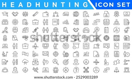 Headhunting And Human Resources minimal thin editable stroke icon set. Included the line icons as Recruitment, Career Goals, Resume or CV, and more.