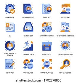 Headhunting Icons Set In Flat Style. Candidate Interview, One On One Meeting, Performance Review, Portfolio And Skills, CV And Career Path Signs. Human Resource Management Pictograms For UX UI Design