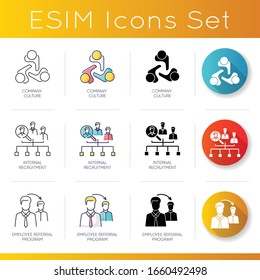 Headhunting icons set. Linear, black and RGB color styles. Company culture, internal recruitment and employee referral program. Professional employment strategies. Isolated vector illustrations