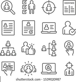 Headhunting icons set vector illustration. Contains such icon as Resume, Candidate, Career path and more. Expanded Stroke