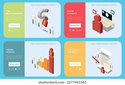 Headhunting isometric horizontal banners set with candidates career growth online interview contract isolated 3d vector illustration