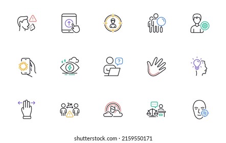 Headhunting, Lgbt And Problem Skin Line Icons For Website, Printing. Collection Of Search People, Swipe Up, Social Distance Icons. Stress, Idea, Cough Web Elements. Hand, Support, Covid App. Vector